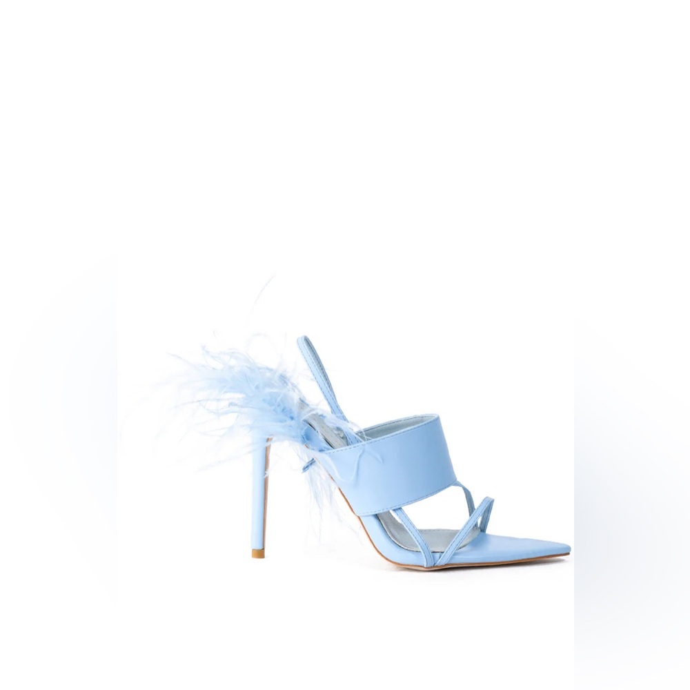 Azalea Wang Chick Feather Decor Pointed Toe Sandal Heel Light Blue Womens Size 9 - Picture 3 of 8